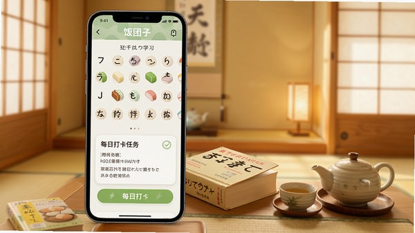 饭团子日语应用主界面预览图,展示手机屏幕上的五十音图学习模块和每日打卡任务卡片,背景为温馨的日式和风书房,桌面摆放着日语词典和茶具,整体色调柔和明亮,突出移动端学习场景