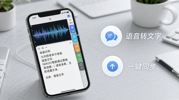 GEKOO智能速记面板功能展示,手机界面显示语音波形图和文字识别结果,右侧有标签分类栏,背景为浅灰色办公桌,画面突出“语音转文字”和“一键同步”图标,整体色调明亮,强调高效便捷