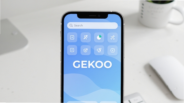 GEKOO软件主界面预览图,手机屏幕展示简洁的首页布局,上方有搜索栏和功能图标网格,背景为柔和的渐变蓝色,整体风格现代清爽,突出软件名称GEKOO,画面主体为手机屏幕居中,背景为干净的浅色办公桌面