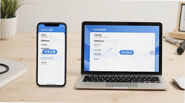 GEKOO运行环境优化示意图,手机与电脑并排,屏幕显示设置菜单中的权限管理选项,背景为浅色工作台,整体风格简洁,突出“权限设置”和“后台优化”