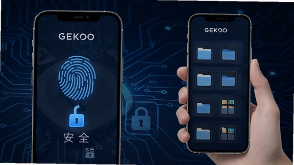 GEKOO隐私保险箱功能展示,手机屏幕显示指纹解锁图标和加密文件夹列表,背景为深蓝色科技感背景,突出“安全”和“加密”特性,整体色调偏冷,传递信任感