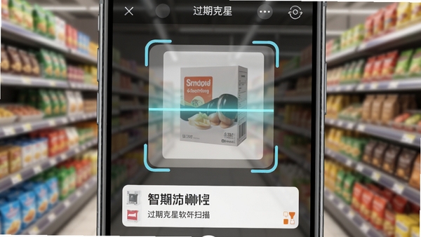 过期克星 软件扫描商品条形码的功能界面示意图,手机屏幕占据画面主体,屏幕上显示扫描框和商品信息,背景是模糊的超市货架,突出智能识别的便捷性,画面写实清晰,无额外文字。