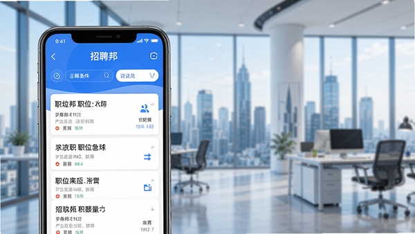 招聘邦APP主界面预览图,手机屏幕显示职位列表与筛选条件,背景为现代都市办公环境,前景为应用界面特写,整体色调蓝白相间,风格简洁明亮,突出求职招聘主题