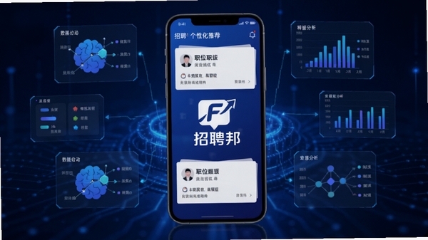 招聘邦智能匹配功能示意图,手机界面展示个性化推荐的职位卡片,周围环绕大数据分析的可视化元素,背景为科技感蓝色调,强调算法驱动的精准推荐,画面中心为招聘邦logo