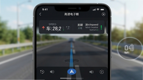 高速电子眼app主界面截图,展示实时车速数字、前方测速点距离提醒卡片、简洁深色导航风格,道路背景虚化,画面清晰明亮