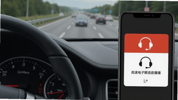 高速电子眼语音播报功能示意图,汽车仪表盘旁手机显示预警卡片,配有耳机图标,背景为模糊的高速公路场景