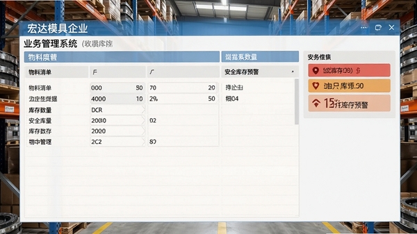 宏达模具企业业务生产管理系统物料库存管理界面,展示物料清单、库存数量、安全库存预警,背景为模具仓库货架,画面整洁,数据清晰