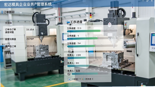 宏达模具企业业务生产管理系统订单跟踪界面,显示订单列表、工序进度条、负责人信息,背景为模具加工设备,画面清晰,数据可视化