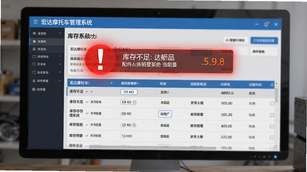 展示宏达摩托车及配件进销存管理系统库存预警功能的截图,画面中一个红色的感叹号图标在库存列表上方闪烁,旁边显示库存不足的配件名称和当前数量,背景为电脑屏幕的柔光效果,界面数据清晰可读,风格写实
