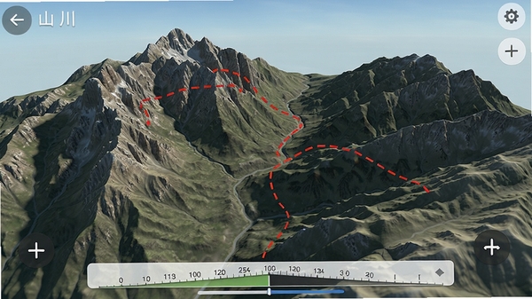 山川全景导航应用内3D地形渲染界面特写,画面展示陡峭山峰与山谷阴影,有红色路线虚线标记,界面下方有海拔刻度条,整体色调自然清晰,强调地形细节与导航功能