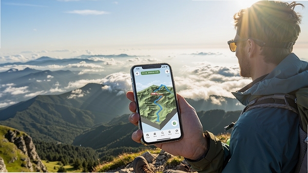山川全景导航使用场景图,一位户外爱好者在山顶手持手机查看导航,背景是壮丽的山川与云海,手机屏幕显示3D地形路线,画面阳光明媚,展现真实使用环境
