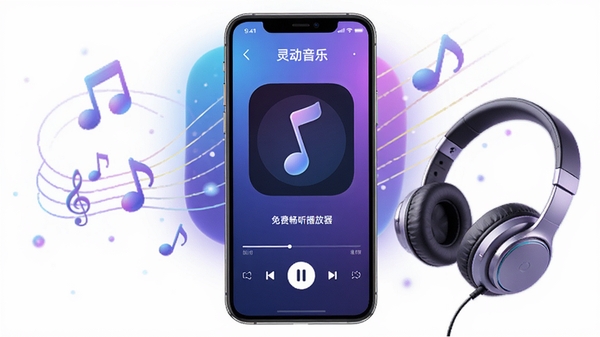 灵动音乐免费畅听播放器全貌展示,手机屏幕播放音乐界面,周围有音符和耳机元素,背景为炫酷的渐变蓝紫色,光线柔和,画面清晰,突出软件名称,适合应用商店宣传图