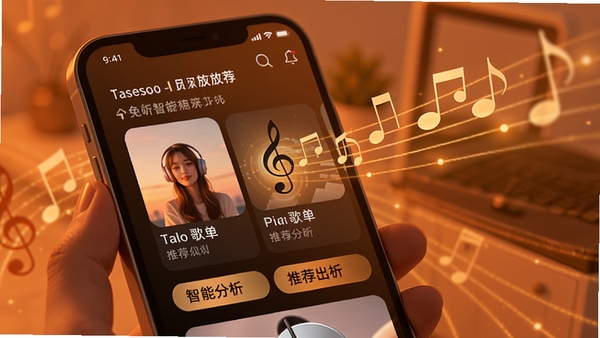 灵动音乐免费畅听播放器智能推荐页面,手机屏幕显示个性化歌单与推荐标签,背景为温暖的橙色光效,音符飘动,体现AI智能分析,画面温馨