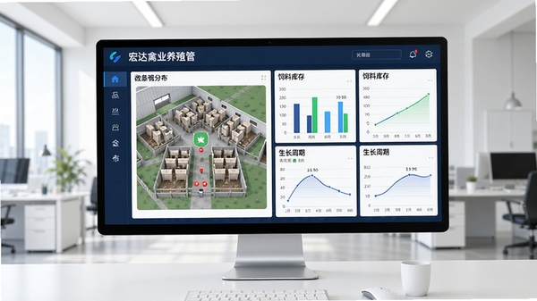 宏达禽业养殖公司管理系统主界面预览图,展示一个现代化的养殖场数字化管理后台,屏幕上有鸡舍分布图、饲料库存条形图、生长周期曲线表等数据看板,背景是干净明亮的办公环境,整体风格专业且富有科技感