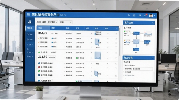 宏达税务师事务所业务管理系统主界面截图,展示项目列表、客户信息面板及待办任务区域,背景为现代办公环境,界面风格简洁清晰,色彩以蓝白为主,突出数据看板与流程管理功能