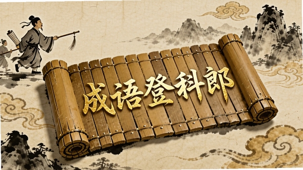 创作一幅古风水墨风格的插画,画面中央是一本翻开的竹简,竹简上凸现“成语登科郎”五个鎏金大字,背景是远山和祥云,画面左上角有古代书生赶考的场景,整体色调以宣纸黄和墨色为主,突出文化底蕴与学习氛围,构图饱满,细节丰富。