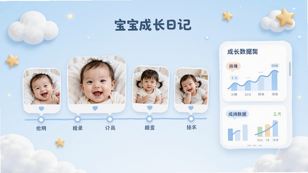 宝宝成长日记软件主界面预览图,展示宝宝照片时间轴与成长数据面板,背景为温馨的浅蓝色调,点缀云朵与星星元素,画面明亮柔和,突出记录功能与亲子氛围