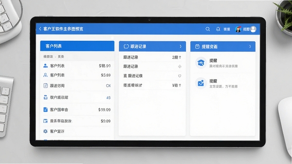 客户王软件主界面预览图,展示客户列表、跟进记录、提醒面板等核心模块,整体风格简洁商务,色彩以蓝白为主,界面布局清晰,背景为浅灰色工作台,图标精致,适合软件介绍场景