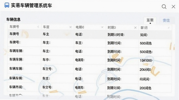 实易车辆管理系统车辆档案管理界面,展示车辆信息表格,包含车牌号、车主、电话、到期时间等列,界面风格简洁明亮