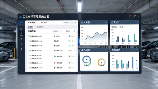 实易车辆管理系统主界面预览图,展示车辆列表、出入记录、收费统计等核心功能模块,界面清晰整洁,背景为现代停车场环境,整体风格商务专业