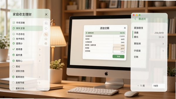 家庭收支记账理财软件的分类记录界面,左侧为分类列表,右侧为输入面板,背景为温馨的书房场景,电脑屏幕显示添加收支的窗口,色调柔和