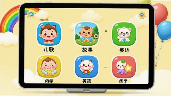宝宝早教视频播放器内容分类展示图,屏幕上显示多个卡通图标,分别标注儿歌、故事、英语、国学等分类,每个图标色彩鲜明,背景为淡黄色,有彩虹和气球装饰,画风可爱,适合儿童,高清画面