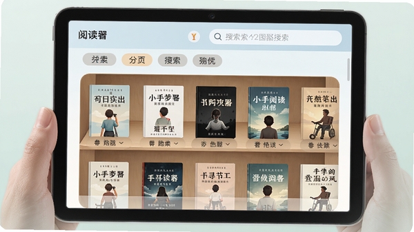 小手阅读器的图书管理界面,书架模式展示多本电子书封面,分类标签清晰,搜索框位于顶部,界面设计整洁,色彩柔和