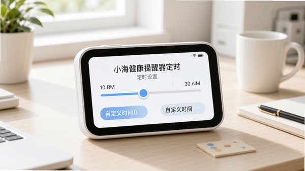 小海健康提醒器定时设置界面概念图,显示时间轴滑块和自定义时间选项,界面清晰直观,背景为明亮的工作台场景