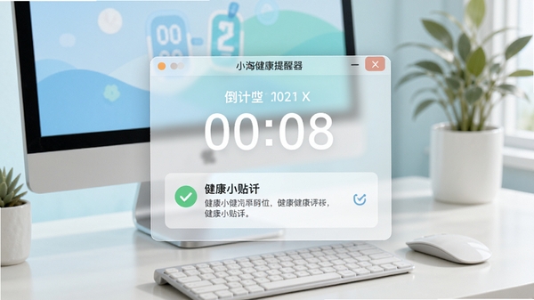 小海健康提醒器主界面预览图,简洁的桌面悬浮窗设计,显示倒计时和健康小贴士,背景为现代简约的电脑桌面环境,色调清新明快,软件窗口半透明质感,整体风格专业且友好