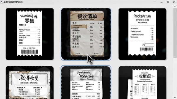 小票打印软件模板选择界面截图,展示多种票据模板缩略图,包含零售小票、餐饮清单、收据样式,背景为浅灰色工作台,鼠标光标悬停在其中一个模板上,画面风格写实清晰