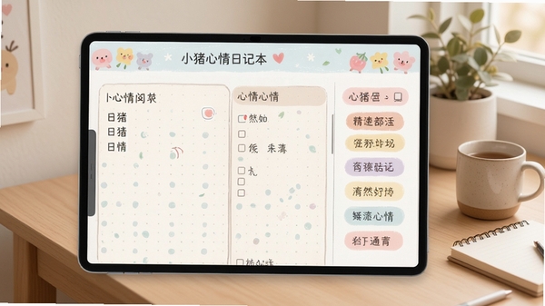 小猪心情日记本软件主界面预览图,展示清新淡雅的日记编辑区与心情标签选择栏,背景为简约书桌一角,整体色调柔和温馨