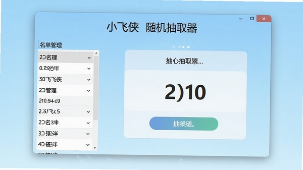 小飞侠随机抽取器主界面预览图,展示清爽的软件窗口布局,中央为抽取结果展示区域,左侧为名单管理列表,背景为淡蓝色渐变风格,画面干净明亮,突出软件名称与核心功能