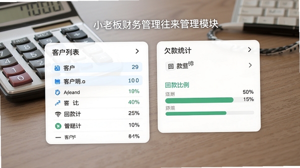 小老板财务管理往来管理模块示意图,画面展示客户列表和欠款统计卡片,有进度条显示回款比例,背景为办公桌面计算器,风格写实清晰