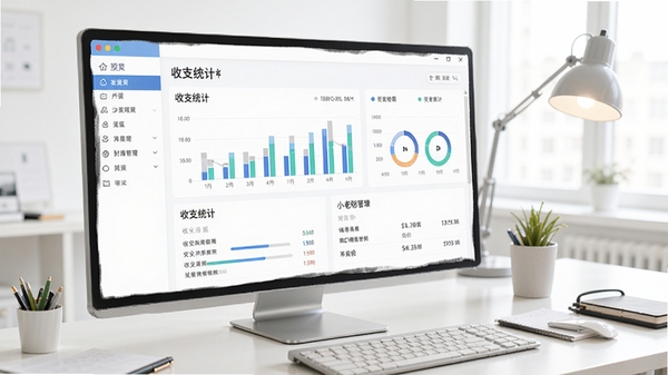 小老板财务管理软件主界面预览图,画面展示简洁的财务仪表盘,左侧功能菜单栏,中间是收支统计图表,背景为明亮的办公桌场景,整体风格清爽专业