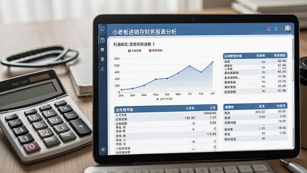 小老板进销存财务报表分析界面预览,显示利润曲线图和应收账款明细表,背景为办公桌计算器,体现财务一体化