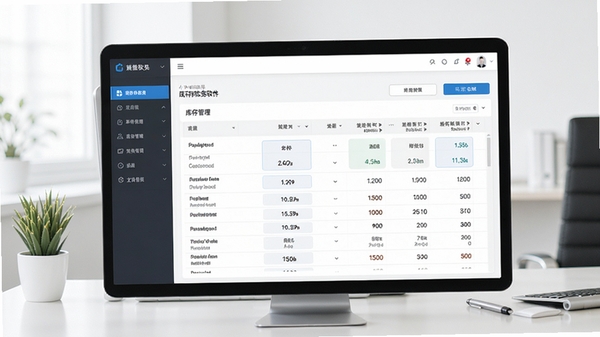 小老板进销存财务软件主界面预览图,显示简洁的导航栏和库存管理数据表格,背景为干净的办公桌面,整体风格现代清晰