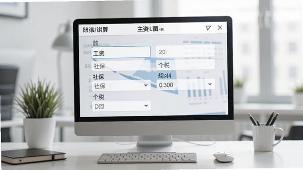 工资计算器主界面,显示工资、社保、个税输入框,背景为办公桌面,简洁现代风格,软件名称显示在界面顶部