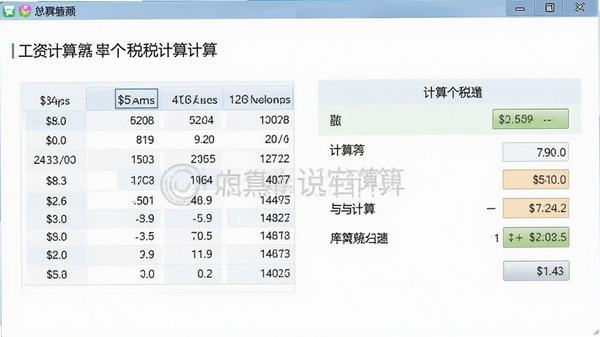 工资计算器个税计算界面,展示税率表与计算过程,背景为白色,文字清晰,软件名称作为水印