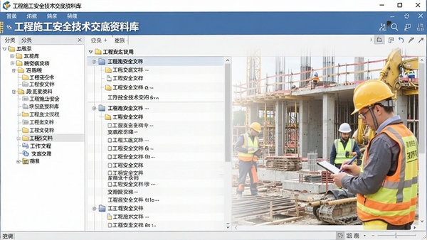 一款名为工程施工安全技术交底资料库的电脑软件界面,主界面展示工程安全文档列表,左侧为分类树状目录,右侧显示详细交底内容,背景为建筑工地安全施工场景,高细节,专业感,软件界面清晰明亮
