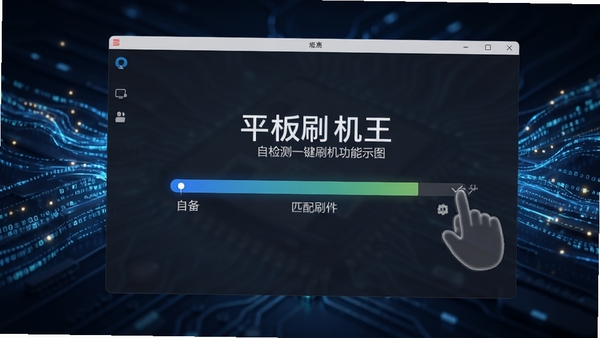 平板刷机王一键刷机功能示意图,画面展示软件自动检测设备并匹配固件的进度条,背景有数据流动的光效,风格写实清晰