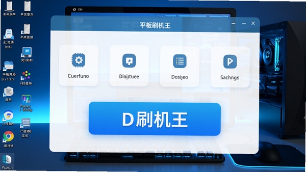 平板刷机王主界面预览图,展示其简洁的操作面板和醒目的刷机按钮,背景为电脑桌面环境,科技蓝为主色调,高清渲染图