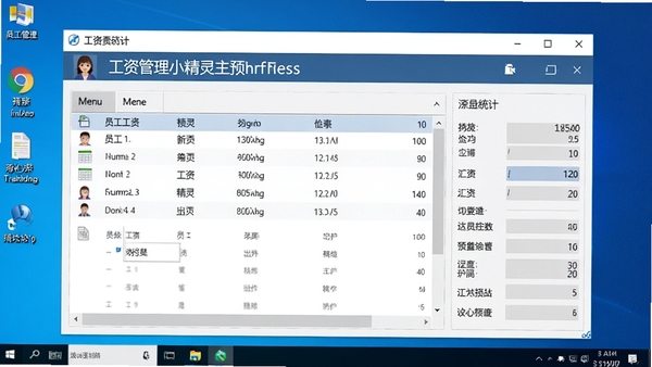 工资管理小精灵主界面预览图,展示清晰的菜单栏、员工工资列表以及汇总统计区域,背景为简洁的Windows桌面环境