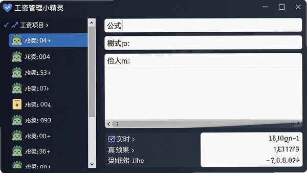 工资管理小精灵的公式设置界面,左侧为可拖拽的工资项目列表,右侧为公式输入区域,下方显示实时计算结果预览