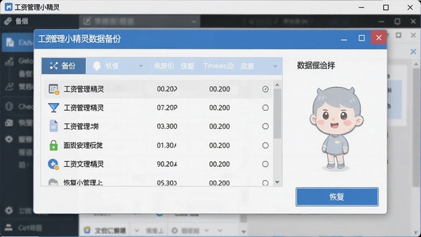 工资管理小精灵数据备份界面,展示备份文件列表及恢复按钮,背景为软件主窗口