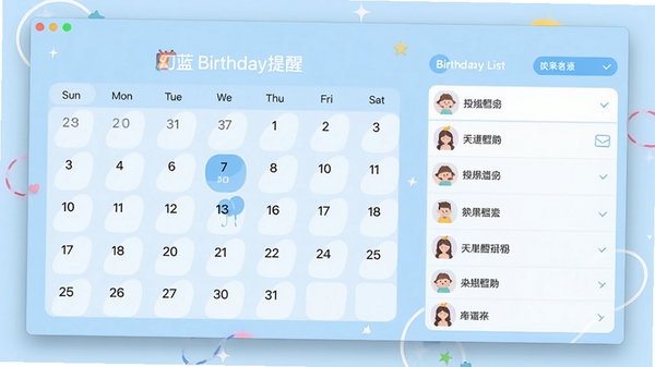 幻蓝生日提醒主界面预览图,一款简洁清爽的桌面生日管理软件,显示日历视图和生日列表,背景淡蓝色调,界面布局清晰,现代扁平化风格,高分辨率显示