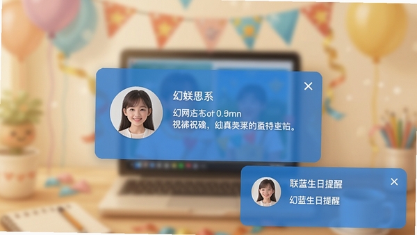 幻蓝生日提醒弹窗提醒效果图,桌面右下角显示一个半透明的提醒卡片,包含联系人姓名和生日祝福语,背景虚化,视觉突出,风格温馨