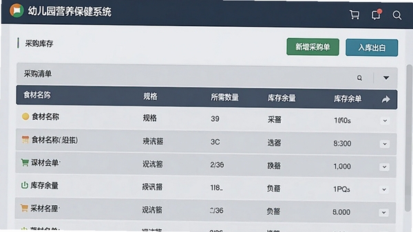 幼儿园营养保健系统食材库存与采购管理界面,展示采购清单列表,包含食材名称、规格、所需数量、库存余量等列,顶部有新增采购单与入库出库按钮,界面风格简约商务