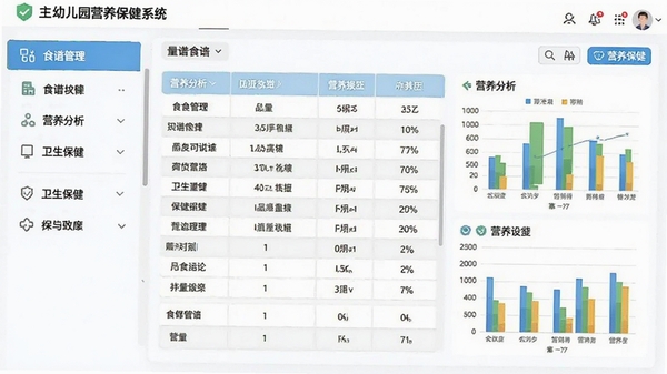 幼儿园营养保健系统软件主界面截图,左侧功能列表包含食谱管理、营养分析、卫生保健等模块,右侧显示带量食谱表格与营养图表,整体界面简洁清晰,现代办公风格