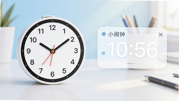 开心小闹钟软件主界面预览图,展示简洁的时钟表盘与悬浮时间窗,背景为干净的浅色渐变工作台,整体风格明亮清晰