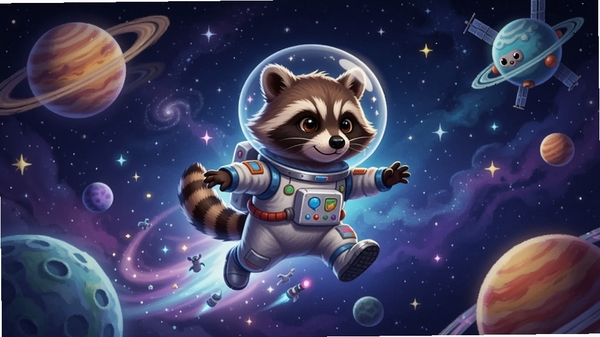 浣熊派对更新版本宣传图,画面展示新增加的星际主题关卡,浣熊穿着宇航服在星空背景中跳跃,周围有星球和光效,色彩梦幻,细节丰富,适合版本宣传